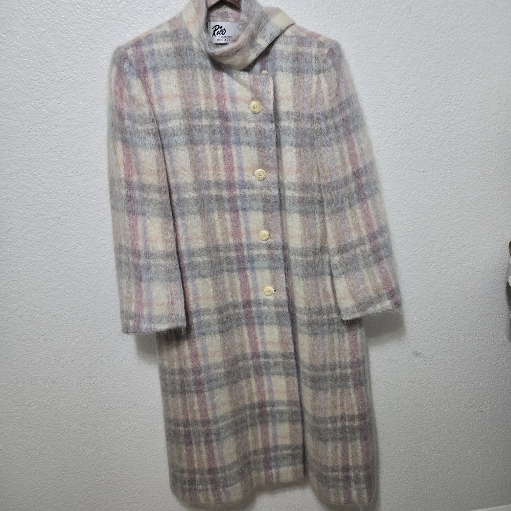 Vintage 1980s Riel Mohair plaid tea length coat cream